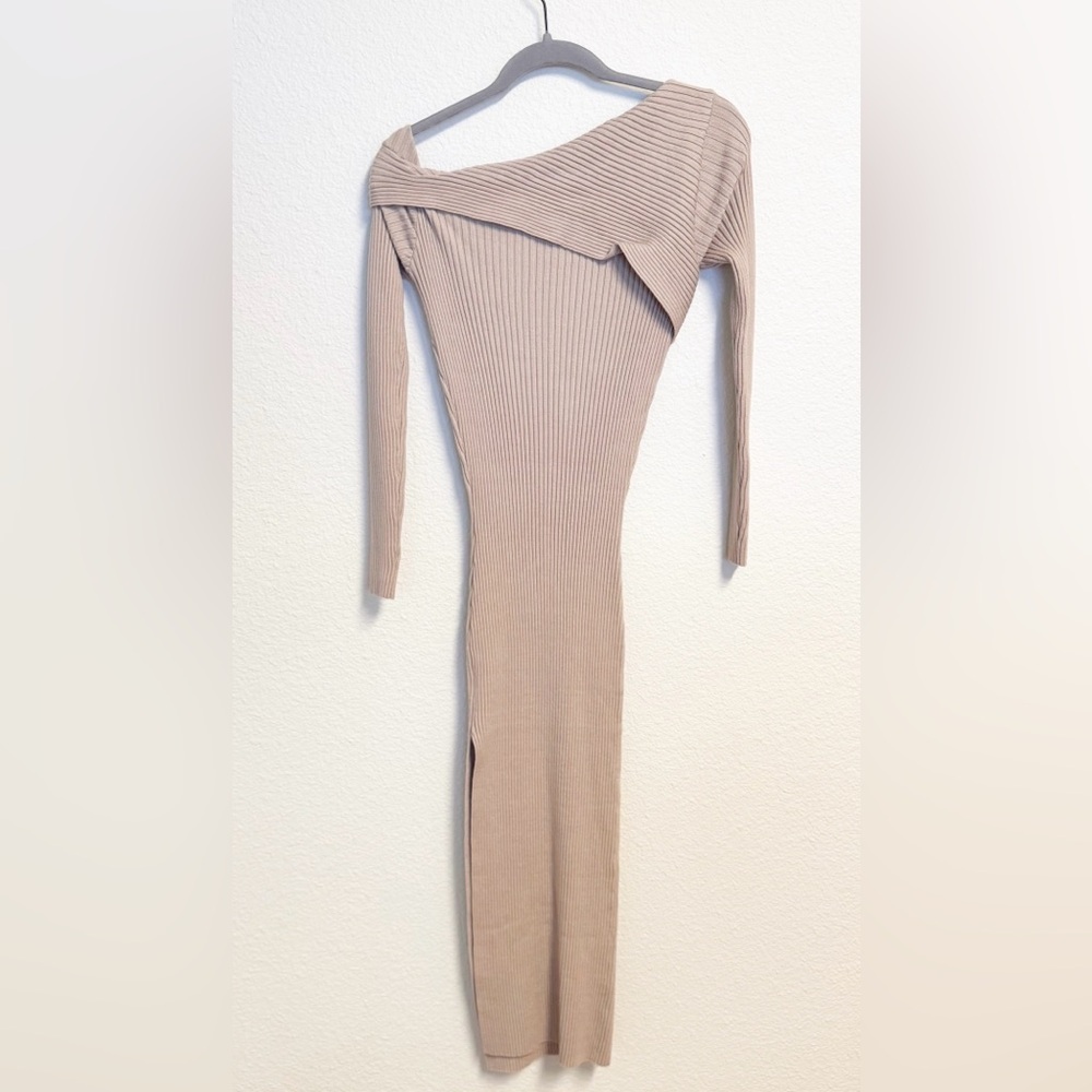 Amazon Beige Asymmetrical Off Shoulder High Slit Bodycon Midi Sweater Dress - Picture 4 of 4